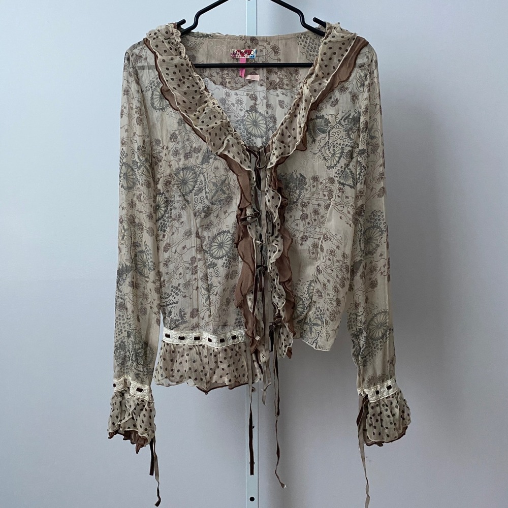 Buffalo Cotton Fairy Boho Ruffle Tie Mesh Floral Sheer Blouse M Brown